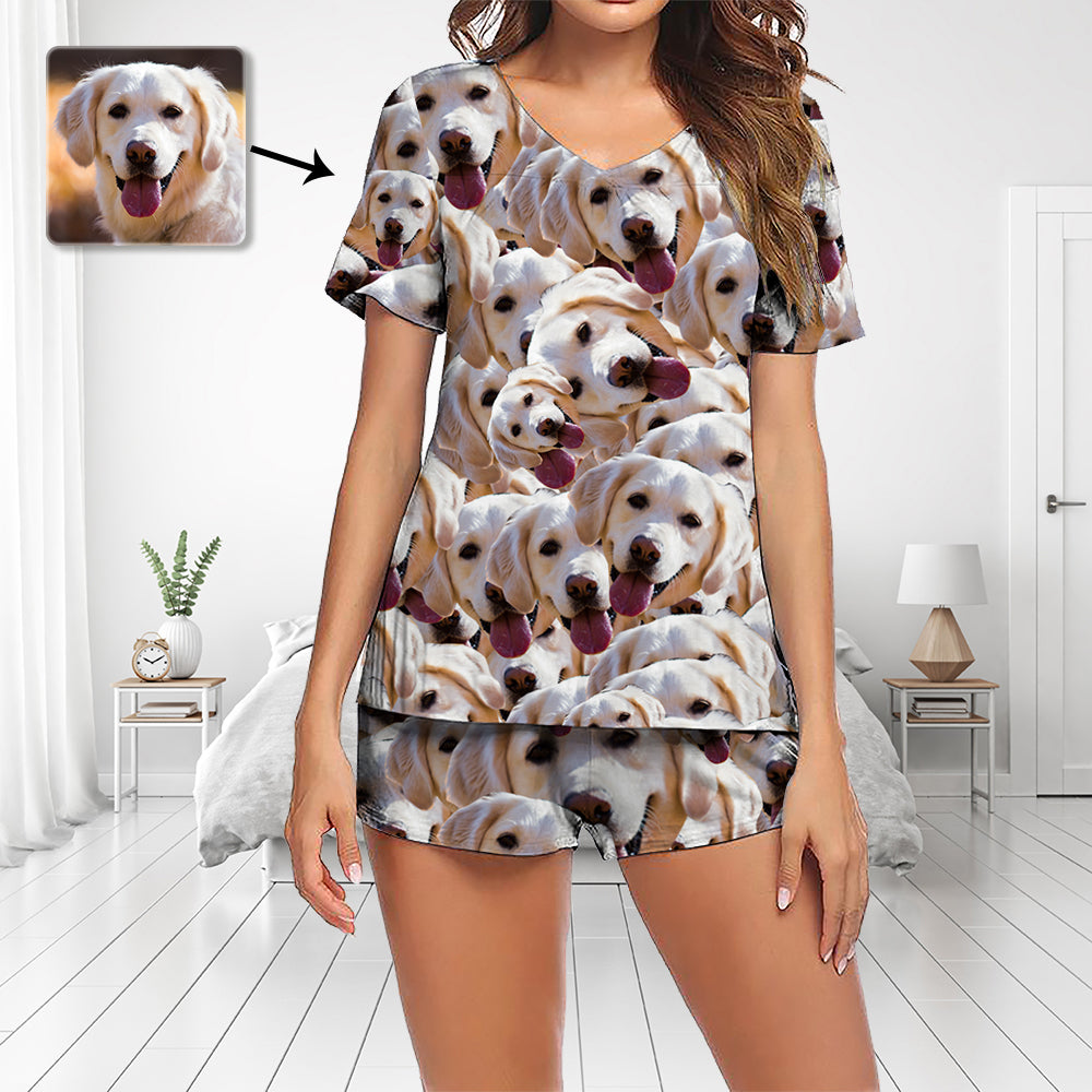 Custom Photo Pajamas Set Short Sleeve V-neck Pajama Women's Shorts Pajama Set Sleepwear Nightwear Funny Dog Face Love