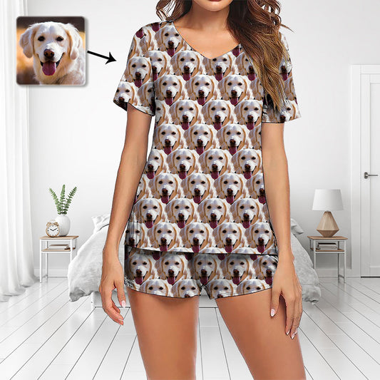 Custom Photo Pajamas Set Short Sleeve V-neck Pajama Women's Shorts Pajama Set Sleepwear Nightwear Mash Dog Face