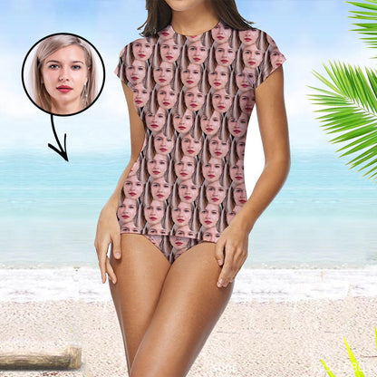 Custom Face Swimsuit Two Piece Face Swimsuit Face Bikini Mash Face Personalized Bathing Suit For Women Short Sleeve