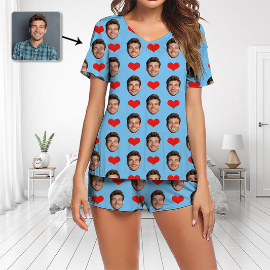 Custom Photo Pajamas Set Short Sleeve V-neck Pajama Women's Shorts Pajama Set Sleepwear Nightwear Heart My Husband's Face