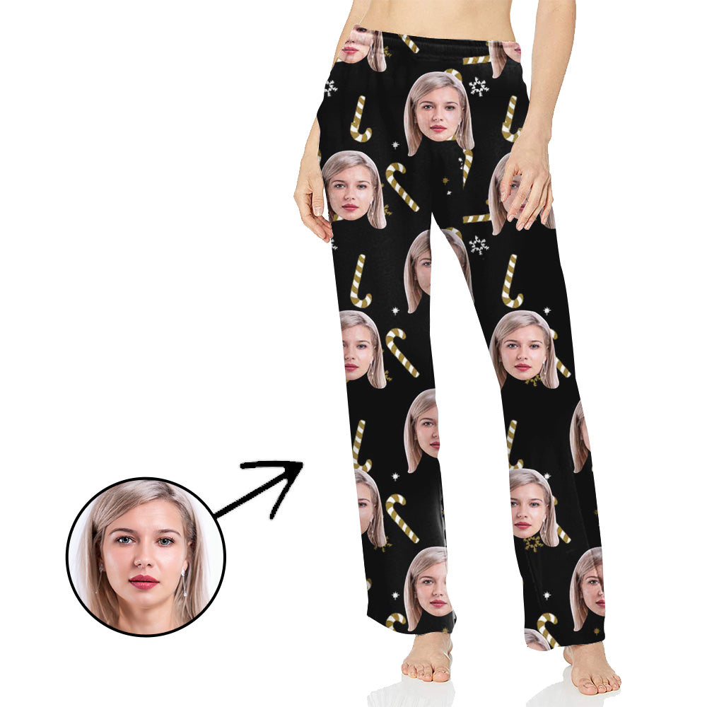 Custom Photo Pajamas Pants For Women Candy Cane With My Loved One's Face
