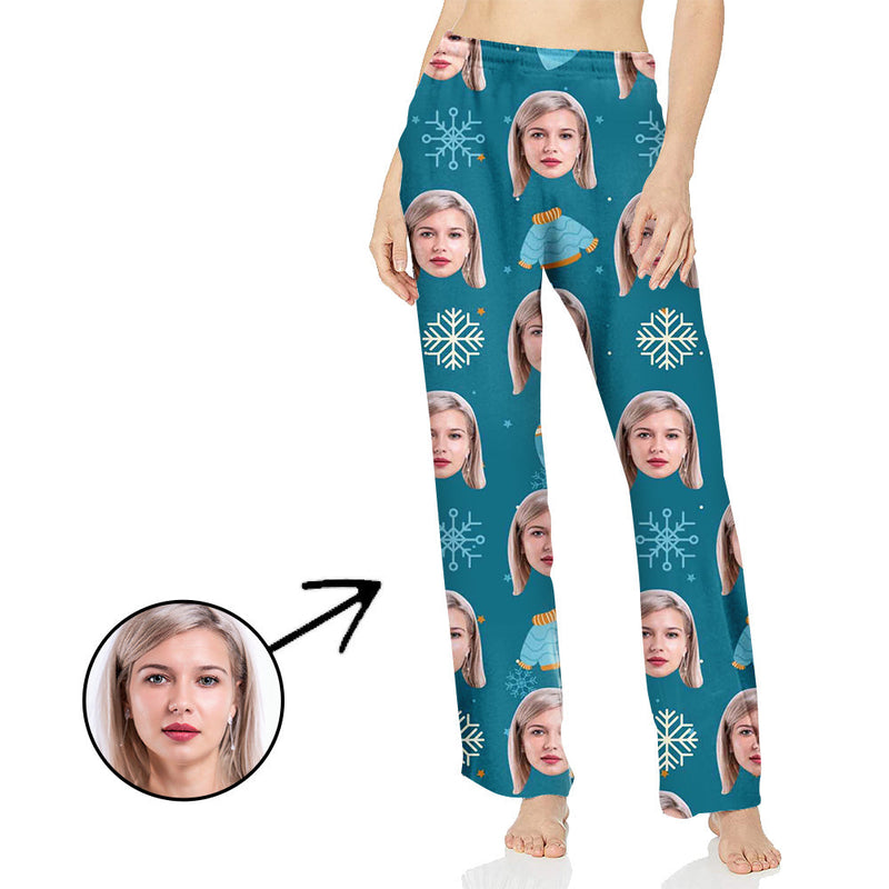Custom Photo Pajamas Pants For Women Snowflake In Blue
