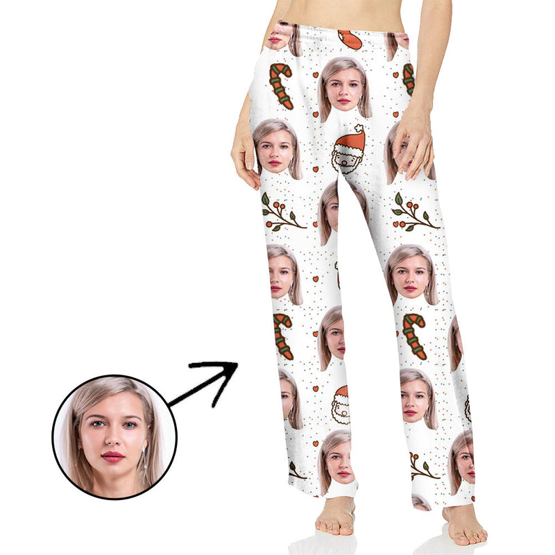 Custom Photo Pajamas Pants For Women Cute Santa And Candy Cane