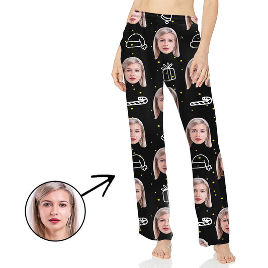 Custom Photo Pajamas Pants For Women Christmas Hat And Candy Cane