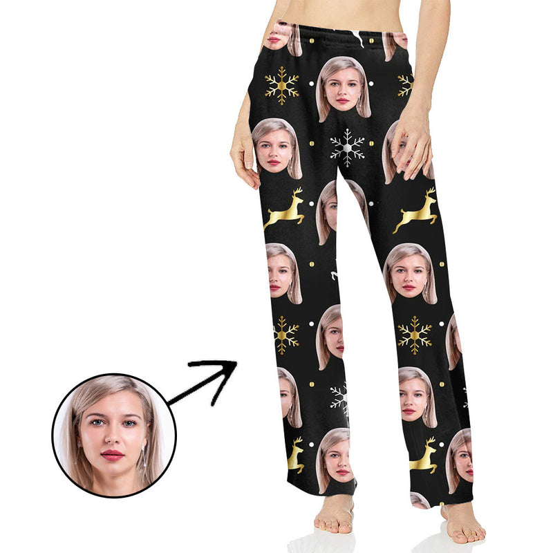 Custom Photo Pajamas Pants For Women Snowflake And Elf