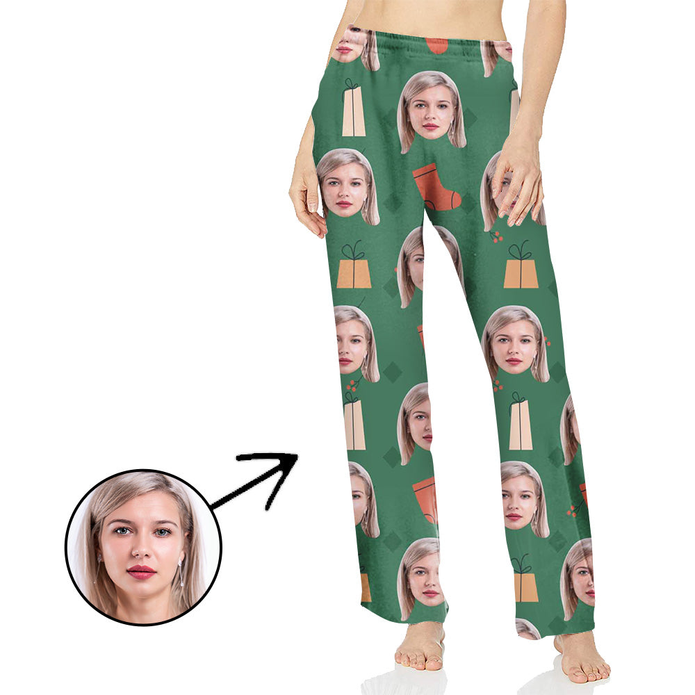 Custom Photo Pajamas Pants For Women Christmas Green With Pandants