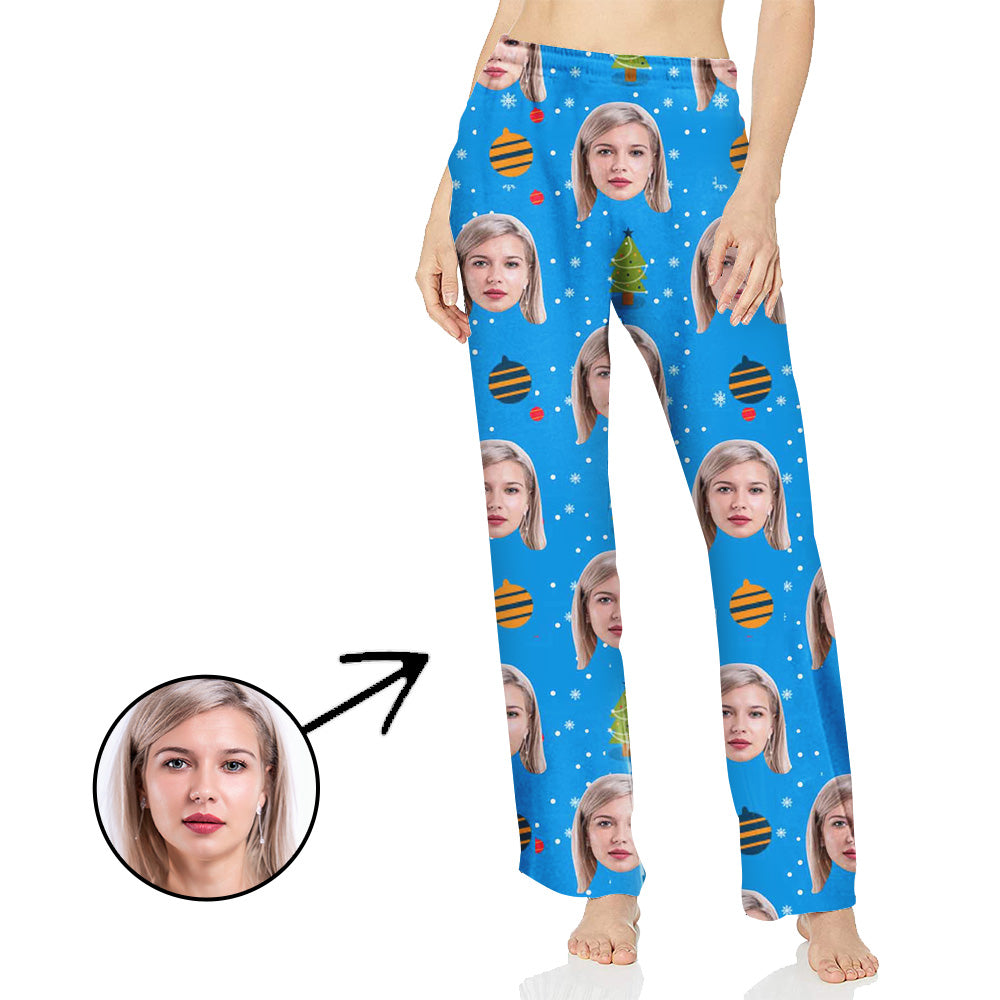 Custom Photo Pajamas Pants For Women Christmas Pandants In Blue