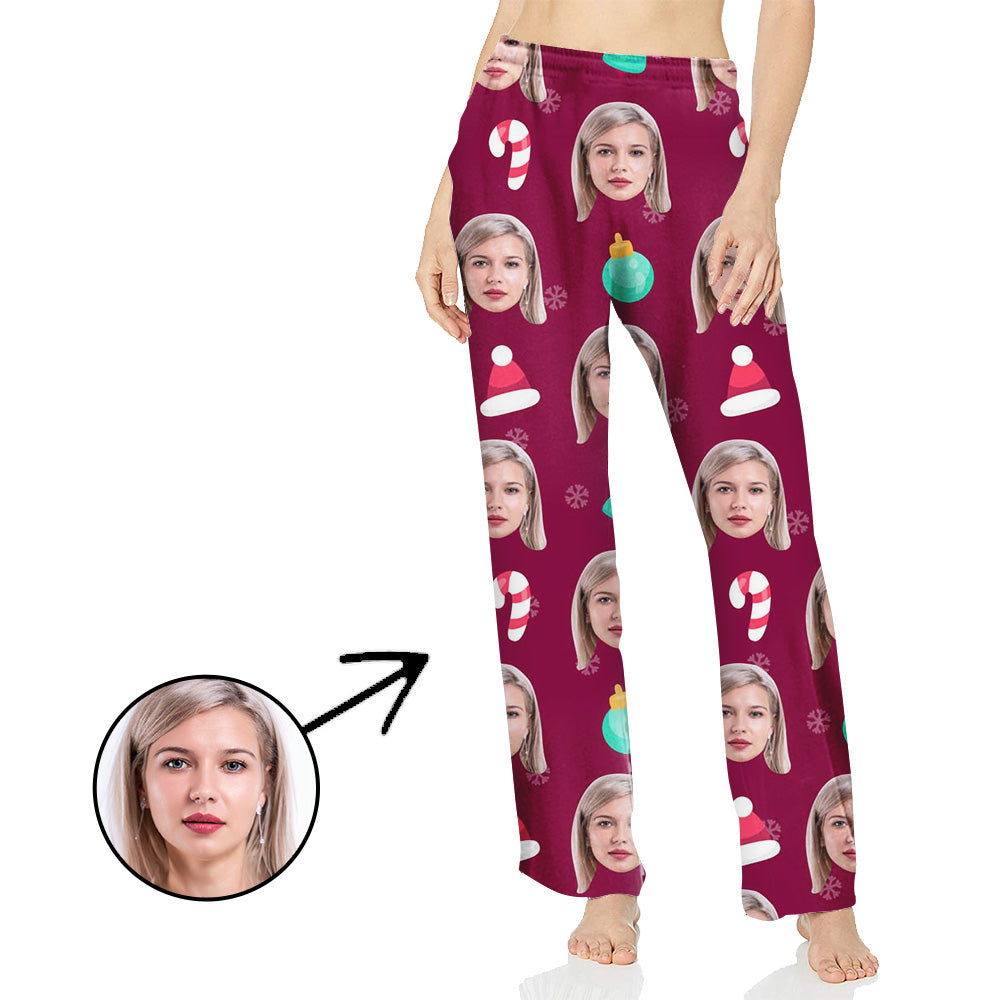 Custom Photo Pajamas Pants For Women Lovely Hat And Candy Cane