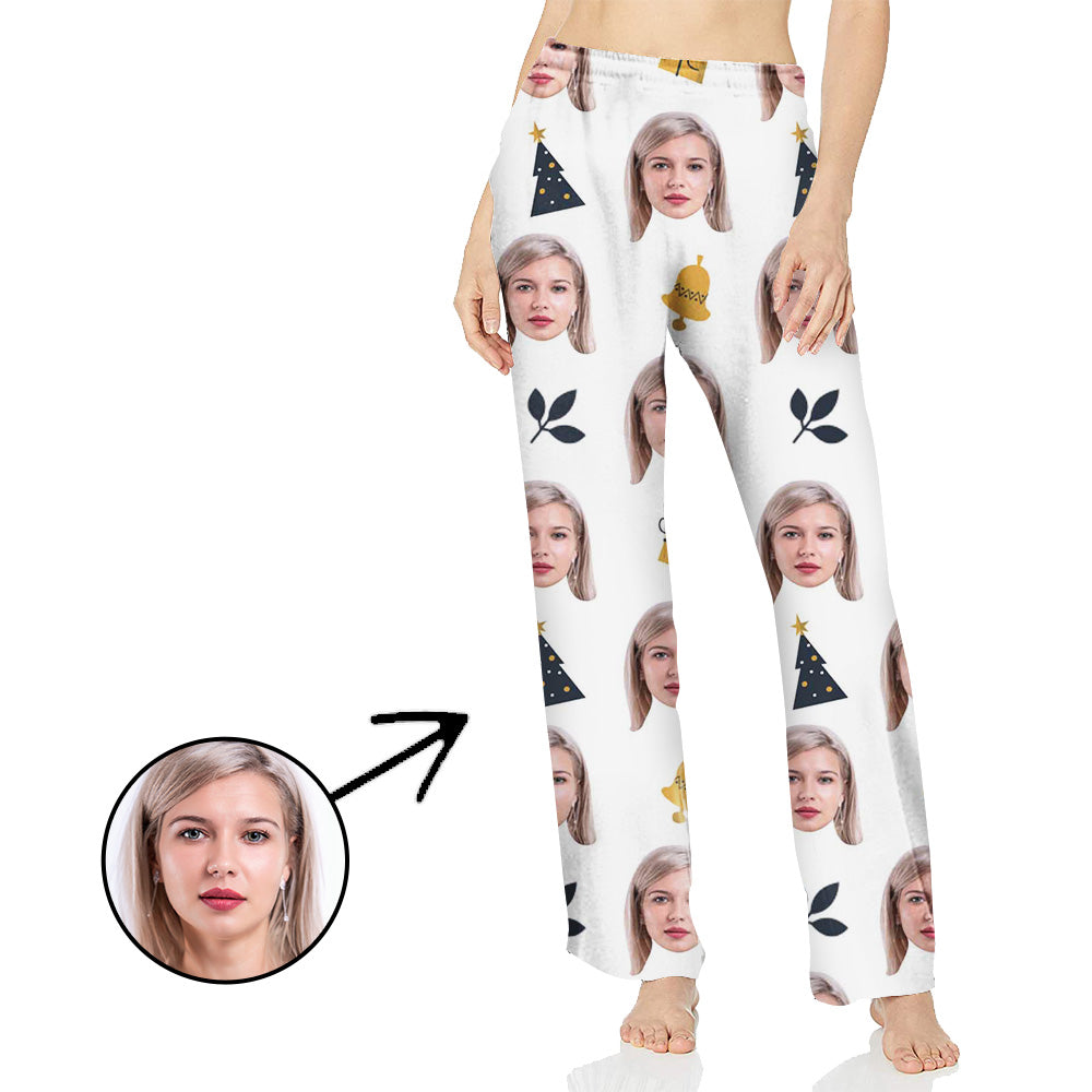 Custom Photo Pajamas Pants For Women Christmas Bell And Flowers