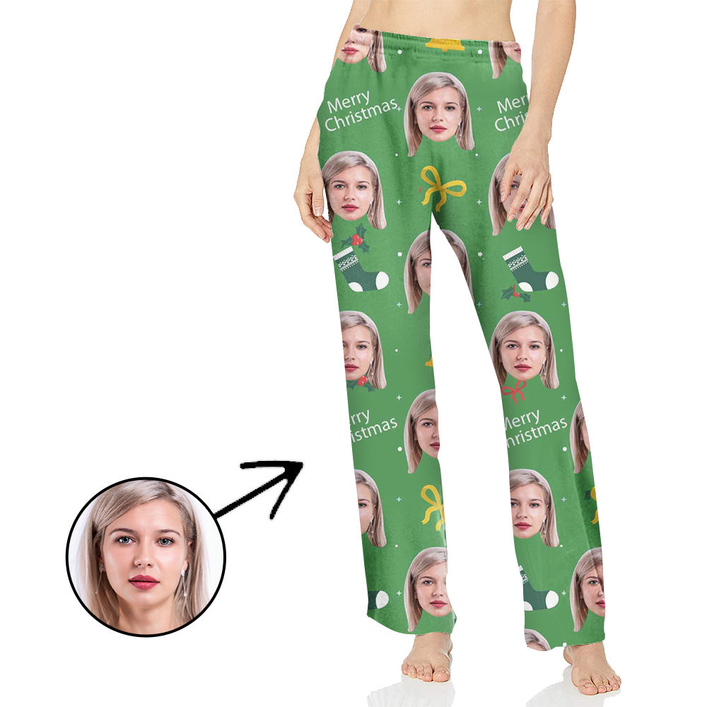 Custom Photo Pajamas Pants For Women Lovely Bell And Merry Christmas