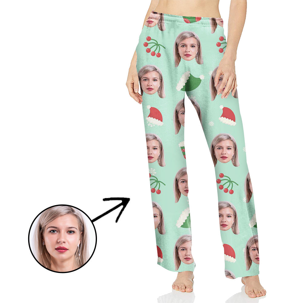 Custom Photo Pajamas Pants For Women Chirtmas Tree And Cherry