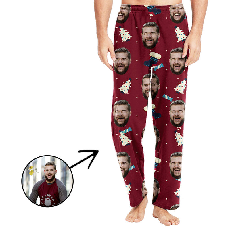 Custom Photo Pajamas Pants For Men Christmas Tree In Red