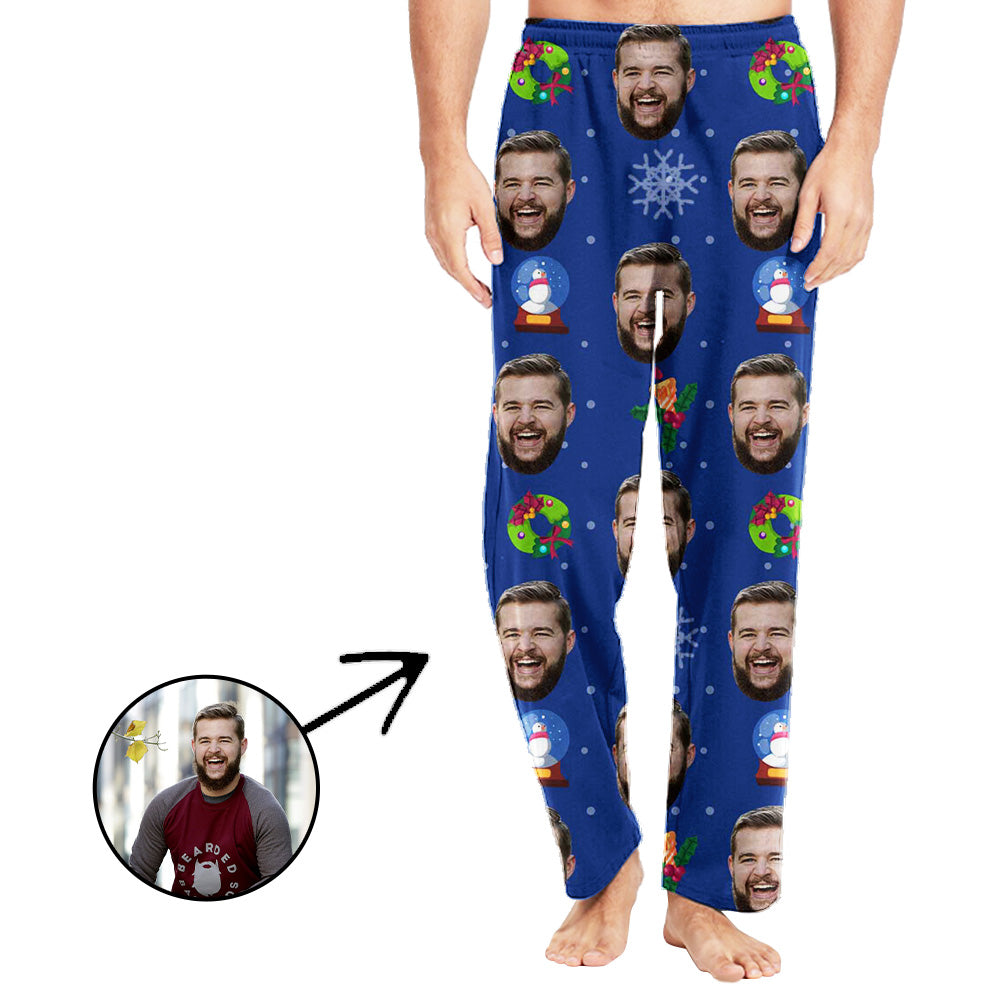 Custom Photo Pajamas Pants For Men Snowman And Snowflake