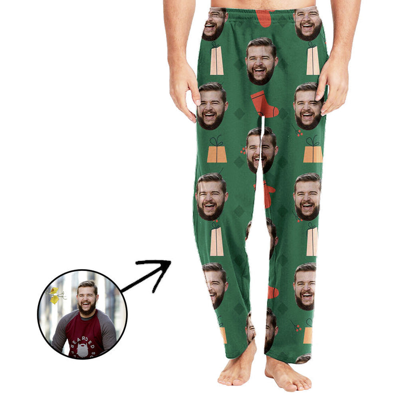 Custom Photo Pajamas Pants For Men Christmas Green With Pandants