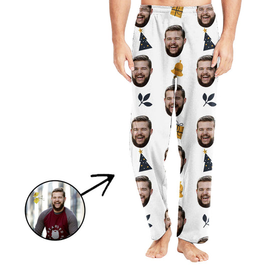 Custom Photo Pajamas Pants For Men Christmas Bell And Flowers