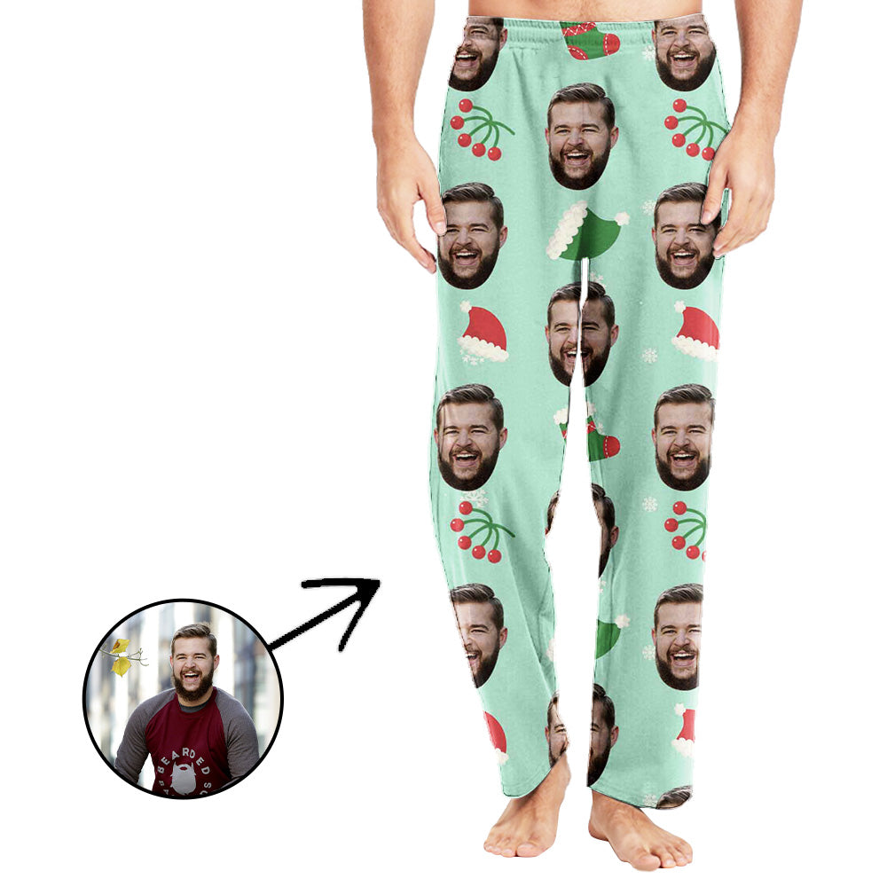 Custom Photo Pajamas Pants For Men Chirtmas Tree And Cherry