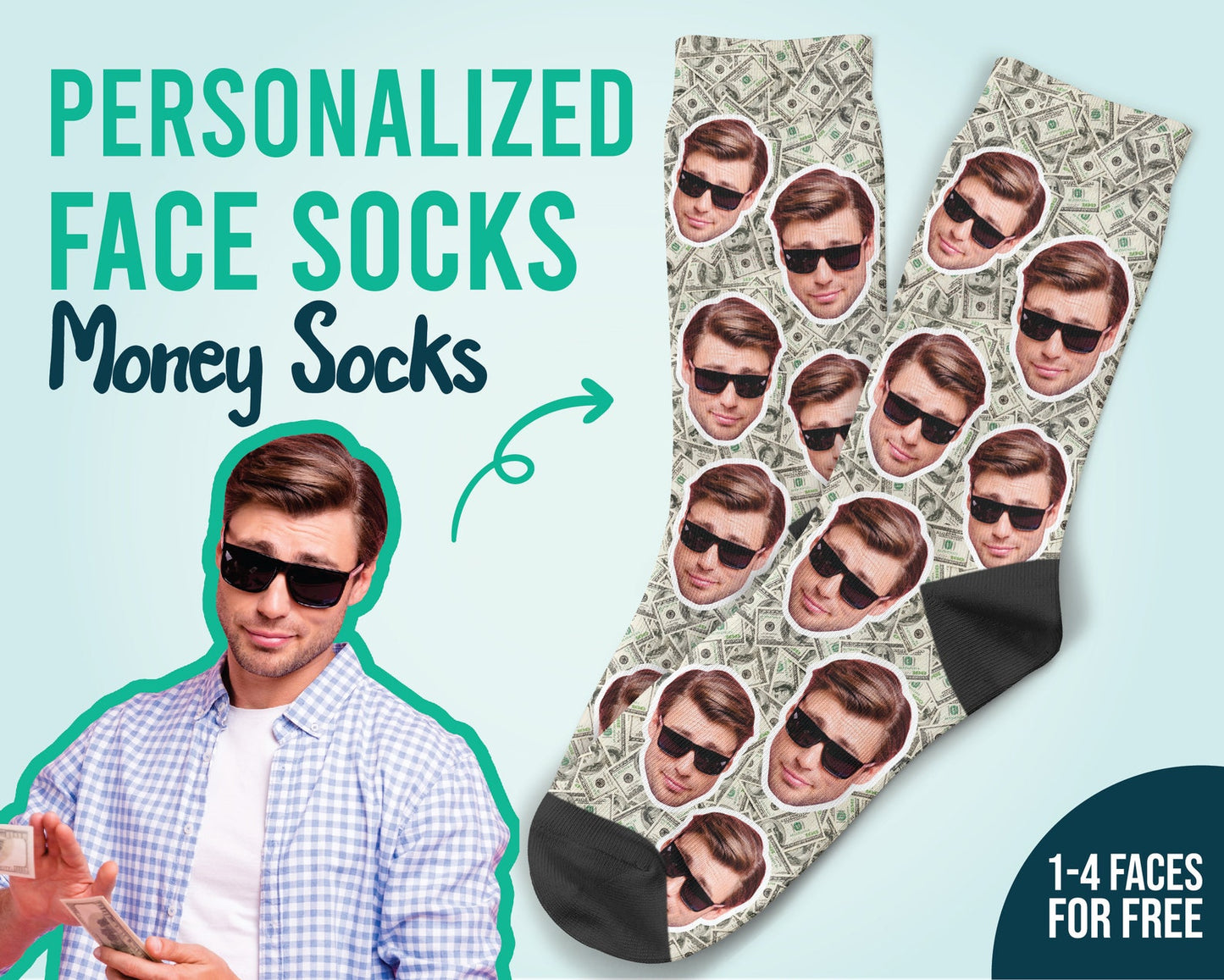 Custom Money Face Socks Personalized Socks 100-Dollar