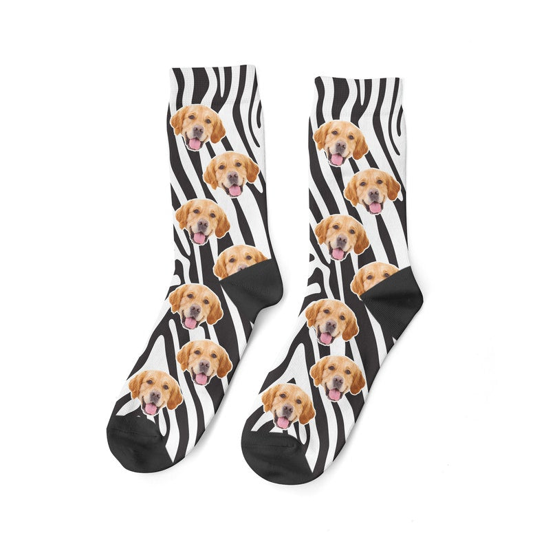 Custom Dog Face On Zebra Print Socks Personalized