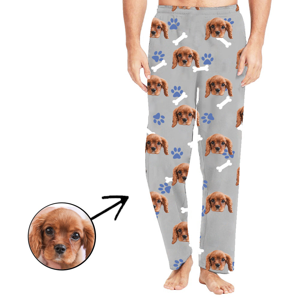 Custom Photo Pajamas Pants For Men Dog Paw Footprint Long Sleeve Gifts For Valentine's Day