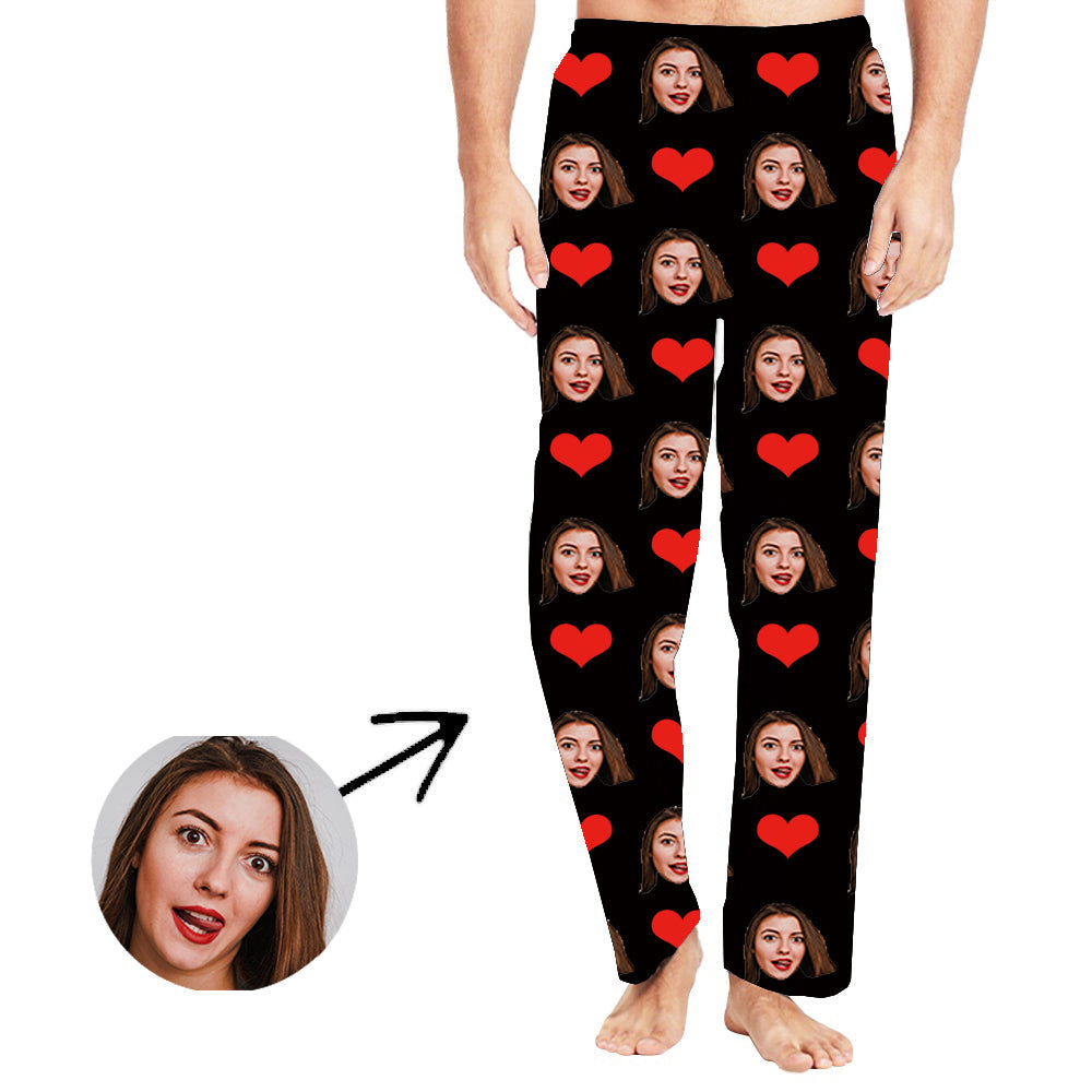 Custom Photo Pajamas Pants For Men Heart My Loved One's Face Long Sleeve